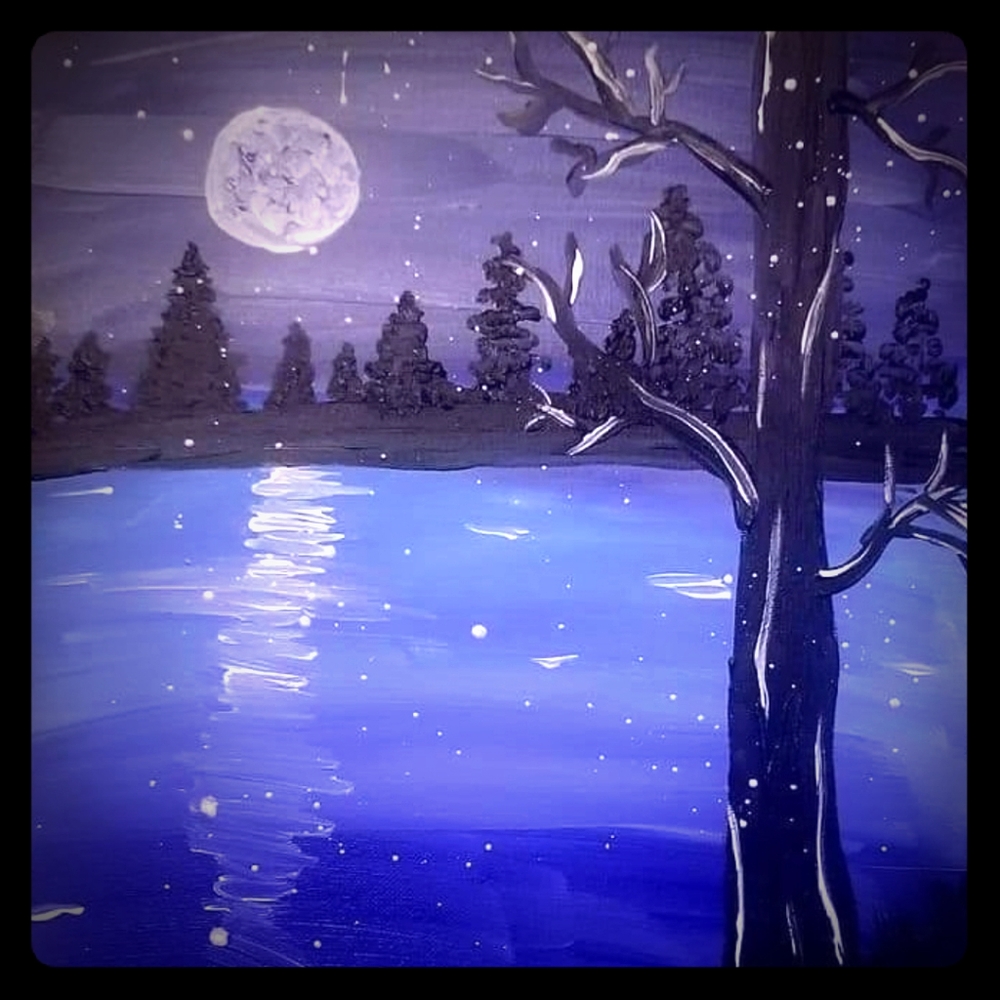 Cold night over a frozen lake acrylic painting